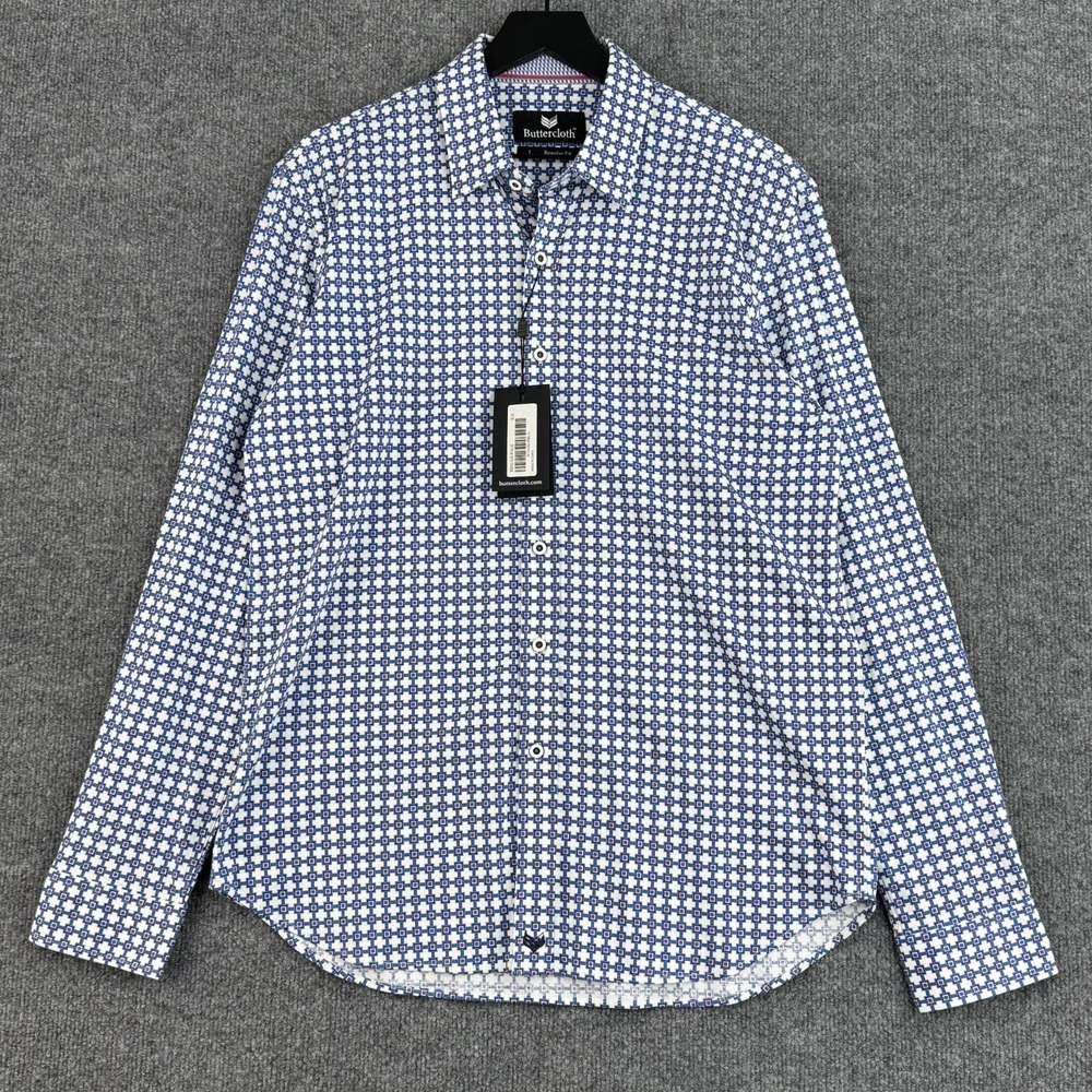 Buttercloth Performance Button Down Shirt Mens L Blue Geometric Long Sleeve NWT